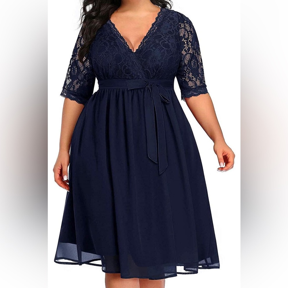 Grace Karin Navy Lace V-Neck Midi Dress with Tie Waist